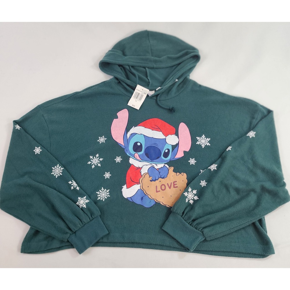 Disney Stitch Womens Hoodie Green Holiday Love Snowflake DSLX0WLGLGP XL NWT